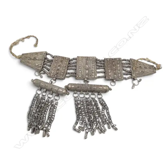 ANTIQUE YEMENI or BEDOUIN SILVER PLATE KIRDAN BRIDAL NECKLACE w multi strand elements + tassels & panels.  some faults