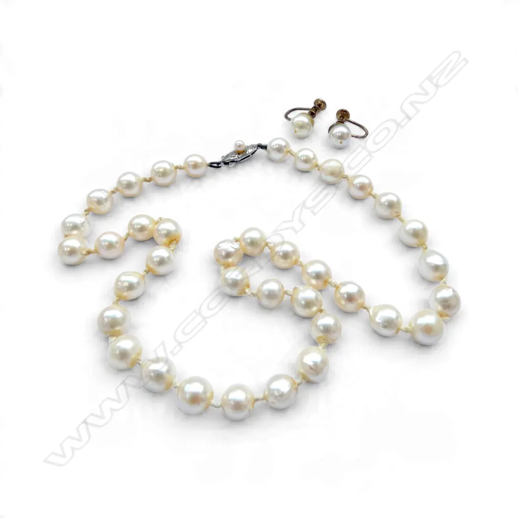 CULTURED PEARL NECKLACE large uniform semi baroque size silver clasp. L.410mm + pr earrings drilled & filled holes Image 1++