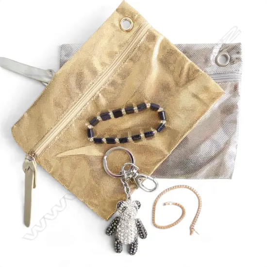PLATED FAUX DIAMOND TENNIS BRACELET, SPARKLE TEDDY KEYRING ETC