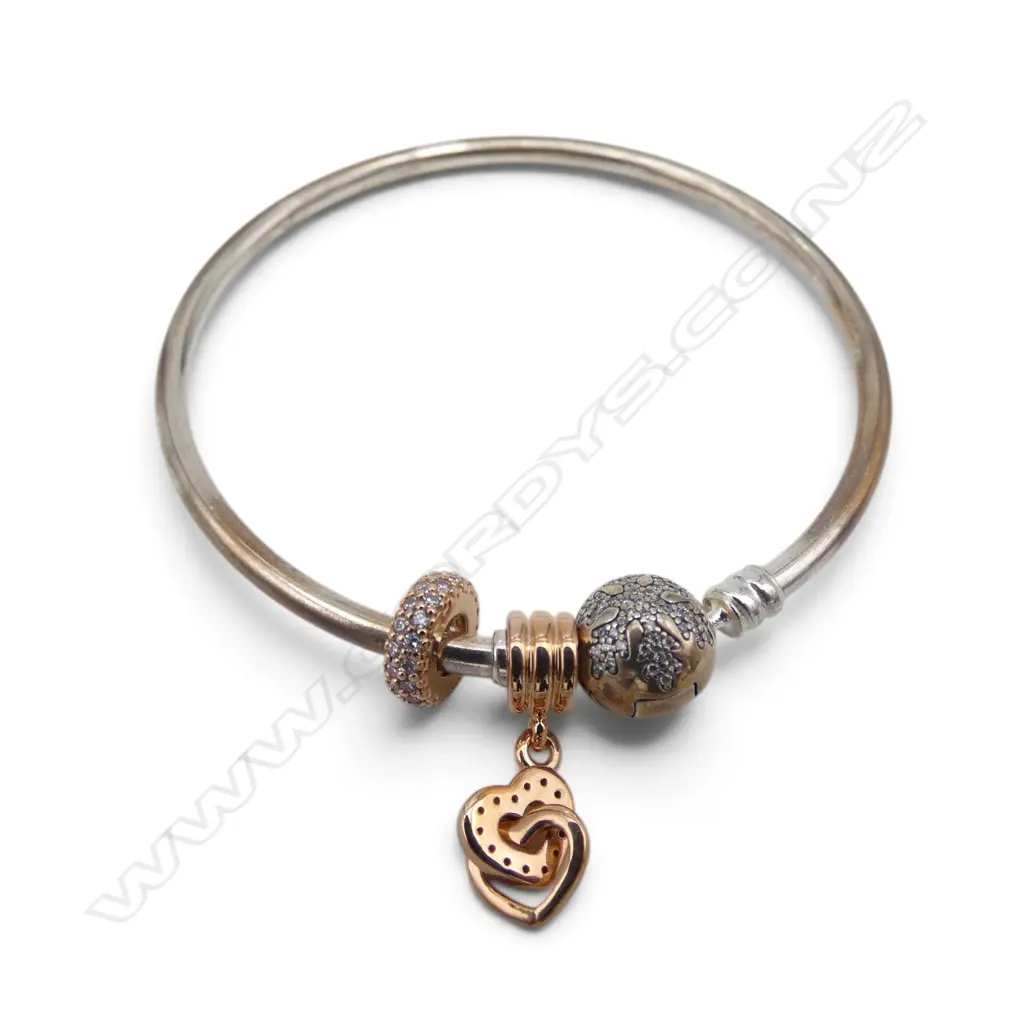 PANDORA SILVER BANGLE w CHARM & SPACER, SIZE M Image 1++