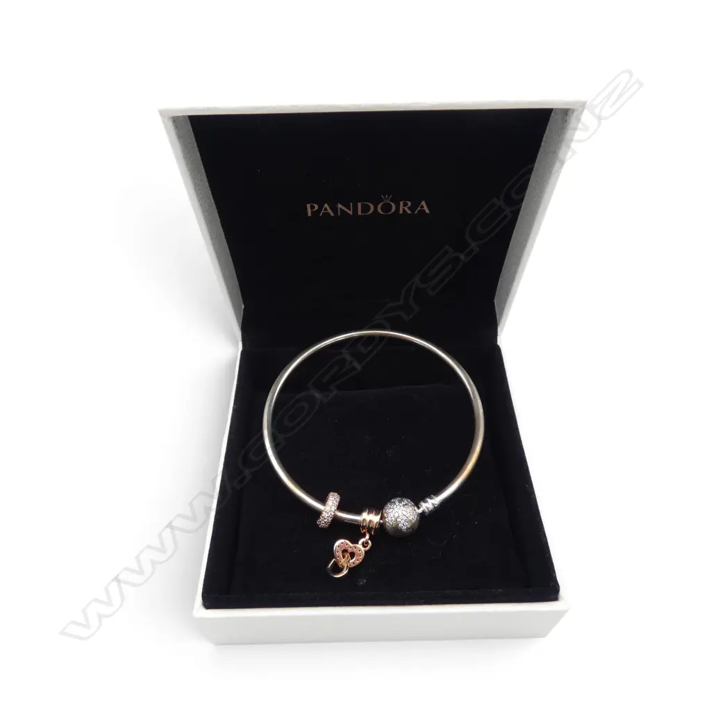 PANDORA SILVER BANGLE w CHARM & SPACER, SIZE M Image 1++