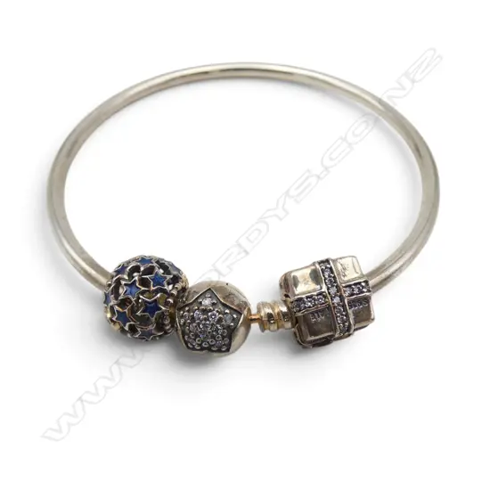 PANDORA SILVER BANGLE w 2 CHARMS, SIZE M