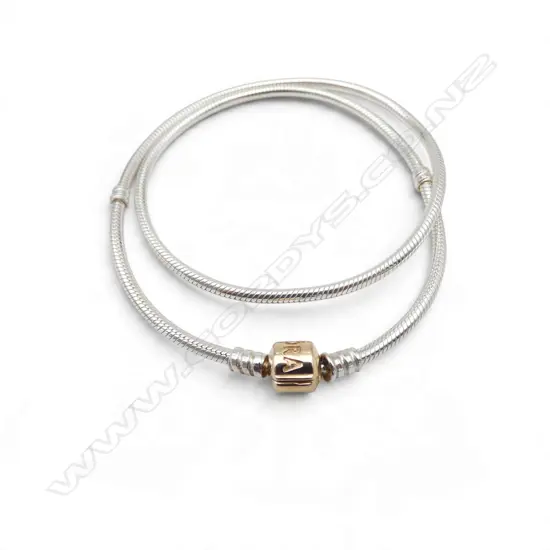 PANDORA SILVER SNAKE CHAIN NECKLACE w 14ct GOLD CLASP, L.450mm, 31gm