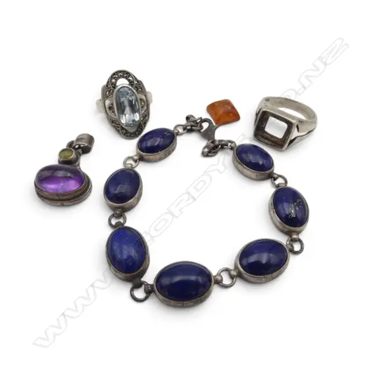 SILVER JEWELLERY: Lapis lazuli bracelet 7 panel + marcasite & blue stone ring + amethyst pendant + amber ring a.f 