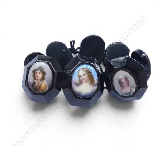 JET BRACELET w 3 HANDPAINTED PORCELAIN PORTRAITS
