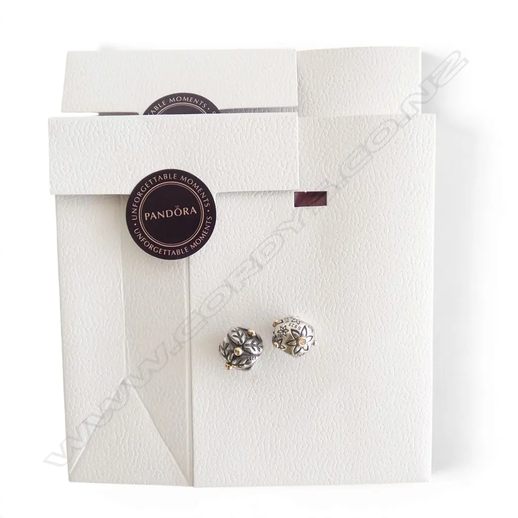 2 PANDORA SILVER & CUBIC ZIRCONIA CHARMS w 14ct GOLD DETAIL, 8.15gm Image 1++