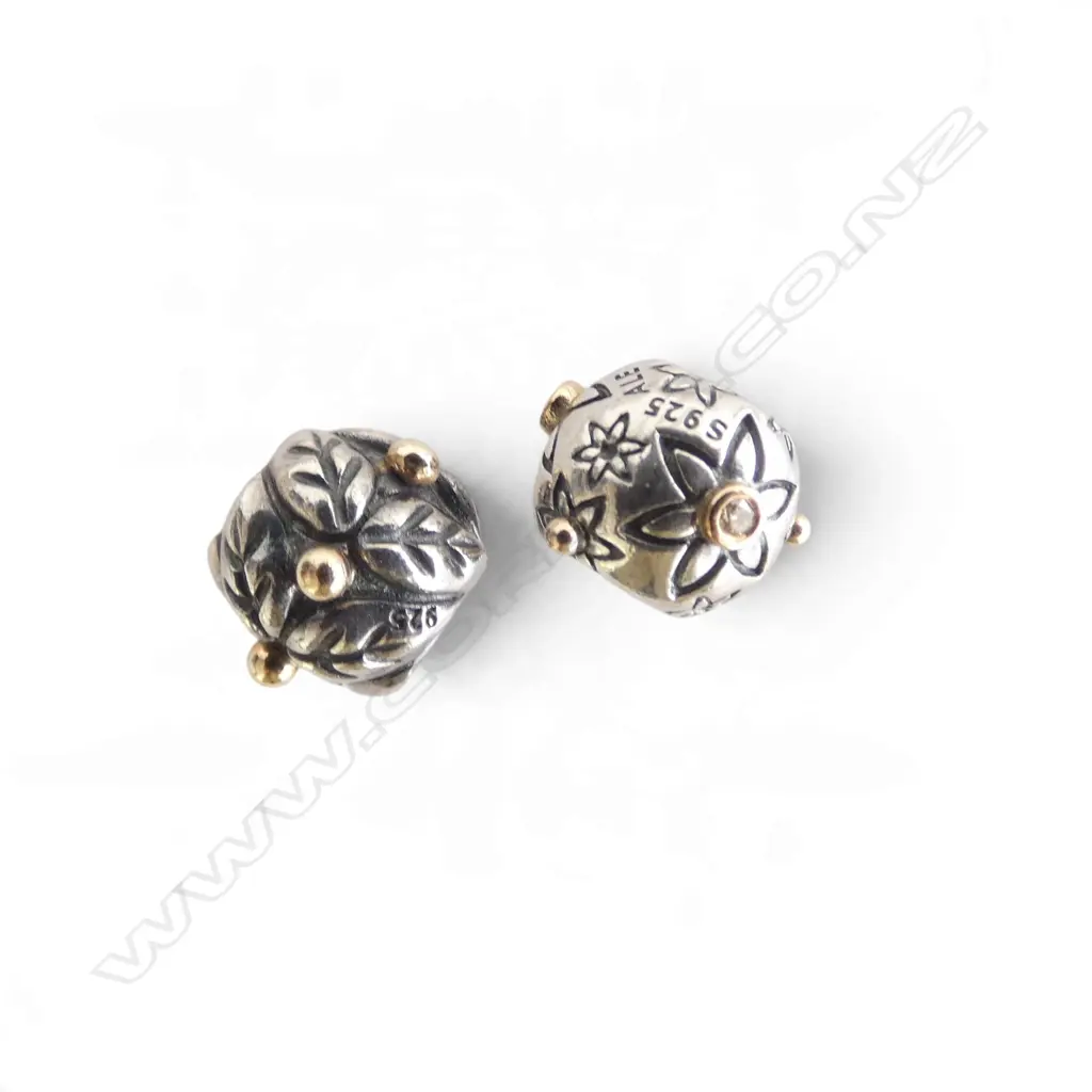 2 PANDORA SILVER & CUBIC ZIRCONIA CHARMS w 14ct GOLD DETAIL, 8.15gm Image 1++
