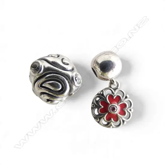 2 PANDORA SILVER CHARMS 1 w flower pendant