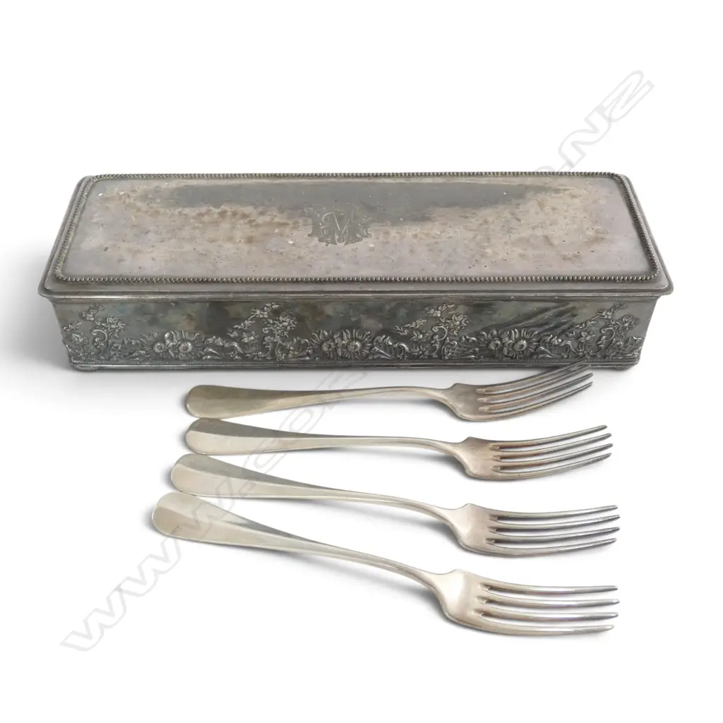 VICTORIAN SILVER PLATED FLORAL GLOVE BOX, HOMAN USA, & 4 WMF DINNER FORKS, L.310mm W.100mm, H.60mm Image 1++