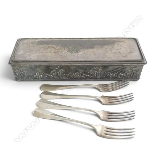 VICTORIAN SILVER PLATED FLORAL GLOVE BOX, HOMAN USA, & 4 WMF DINNER FORKS, L.310mm W.100mm, H.60mm