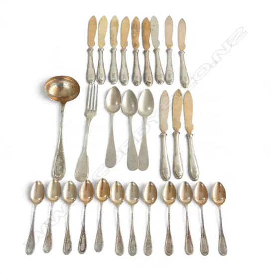 17 .800 GERMAN SILVER UTENSILS 321gms + 12 .800 SILVER BLADE & HANDLED KNIVES 