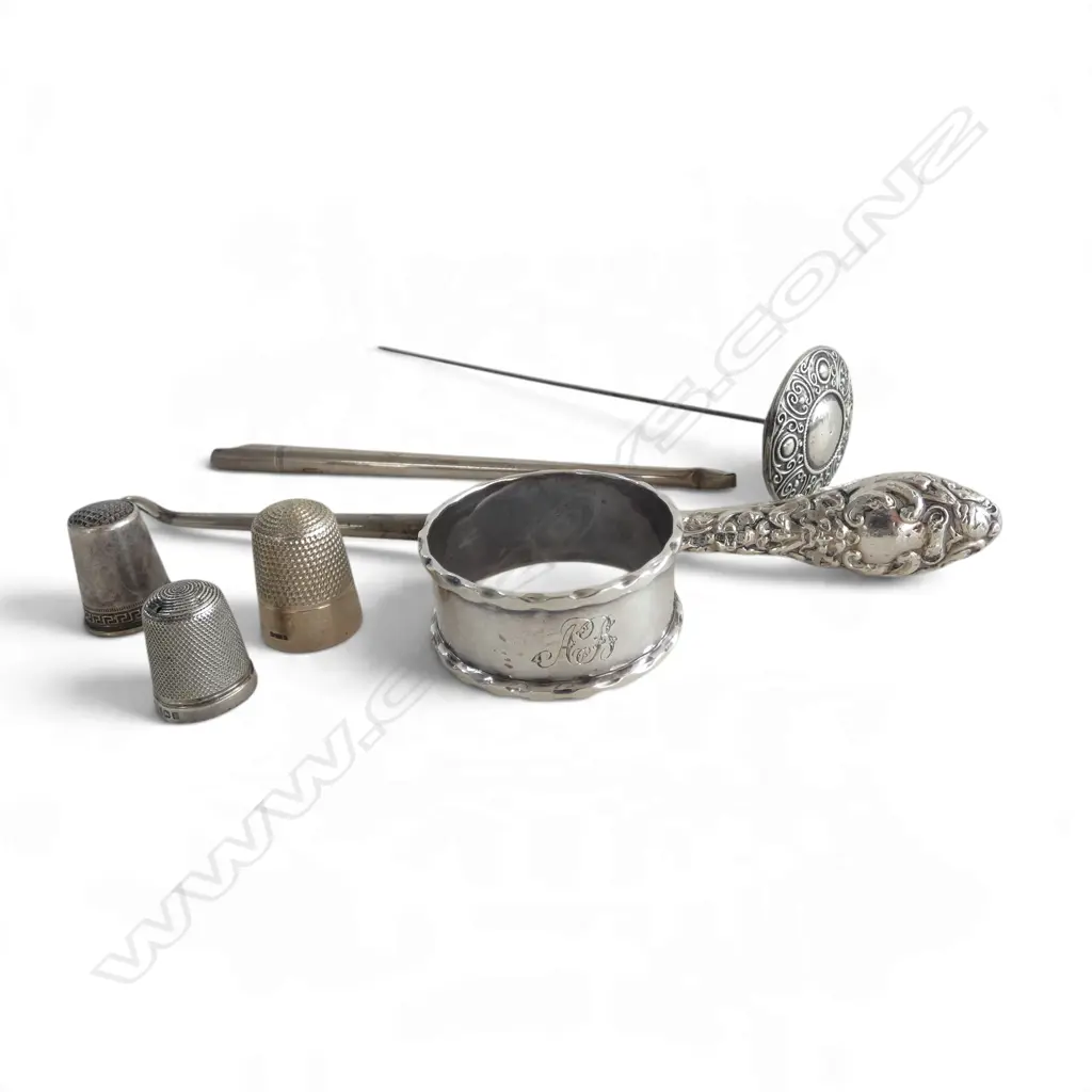3 STG SILVER THIMBLES, NAPKIN RING, HAT PIN, BUTTON HOOK & OTHER Image 1++
