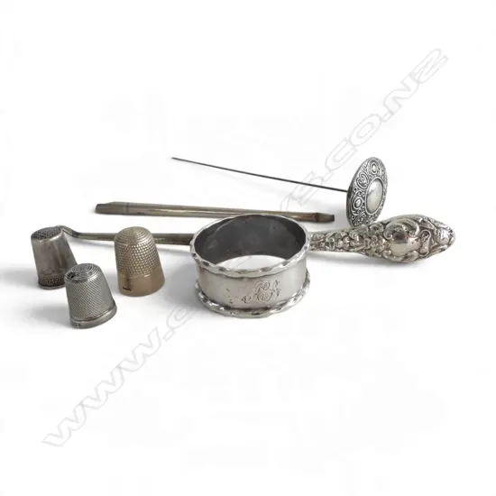 3 STG SILVER THIMBLES, NAPKIN RING, HAT PIN, BUTTON HOOK & OTHER