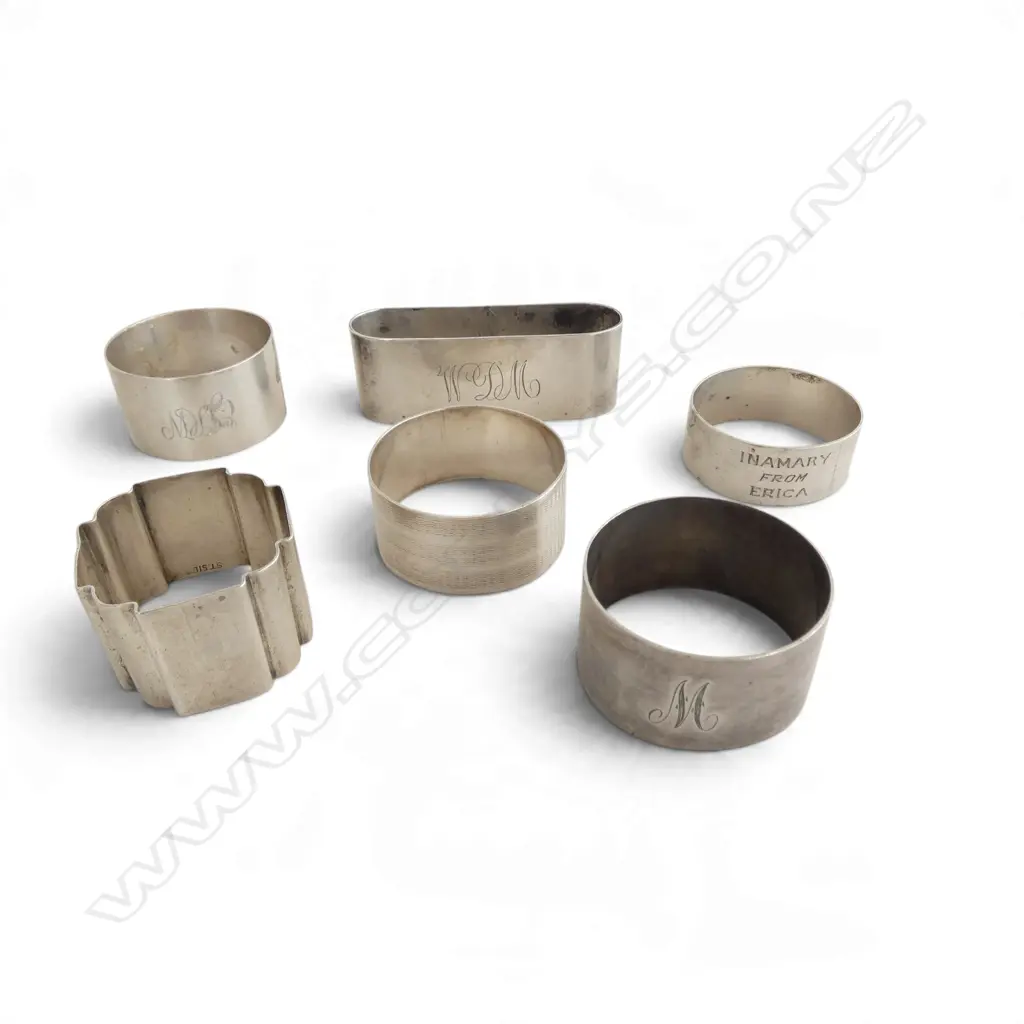 6 STG SILVER NAPKIN RINGS W. INITIALS/NAMES, SILVER STAMPS, 141gms Image 1++