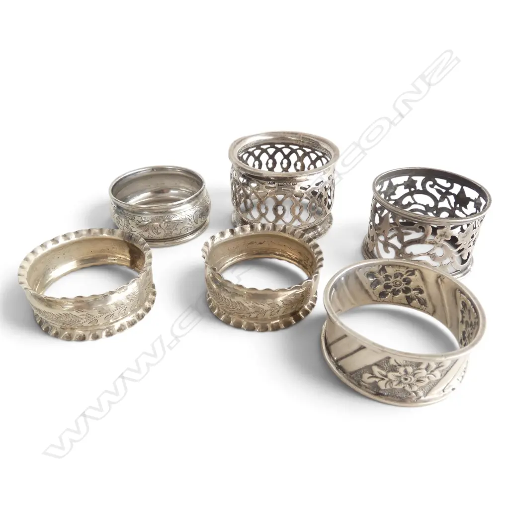 6 STG SILVER NAPKIN RINGS, ENGLISH HALLMARKS, B'HAM 1905 etc, 64.6gms Image 1++