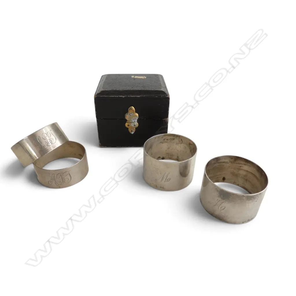 2 PAIRS STG SILVER NAPKIN RINGS, STAMPED STG SILVER, INITIALS, ONE PAIR IN BOX, 95.8gms Image 1++