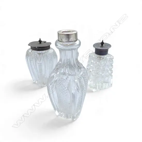 3 CUT CRYSTAL BOTTLES w. SILVER TOPS one missing stopper H.120mm