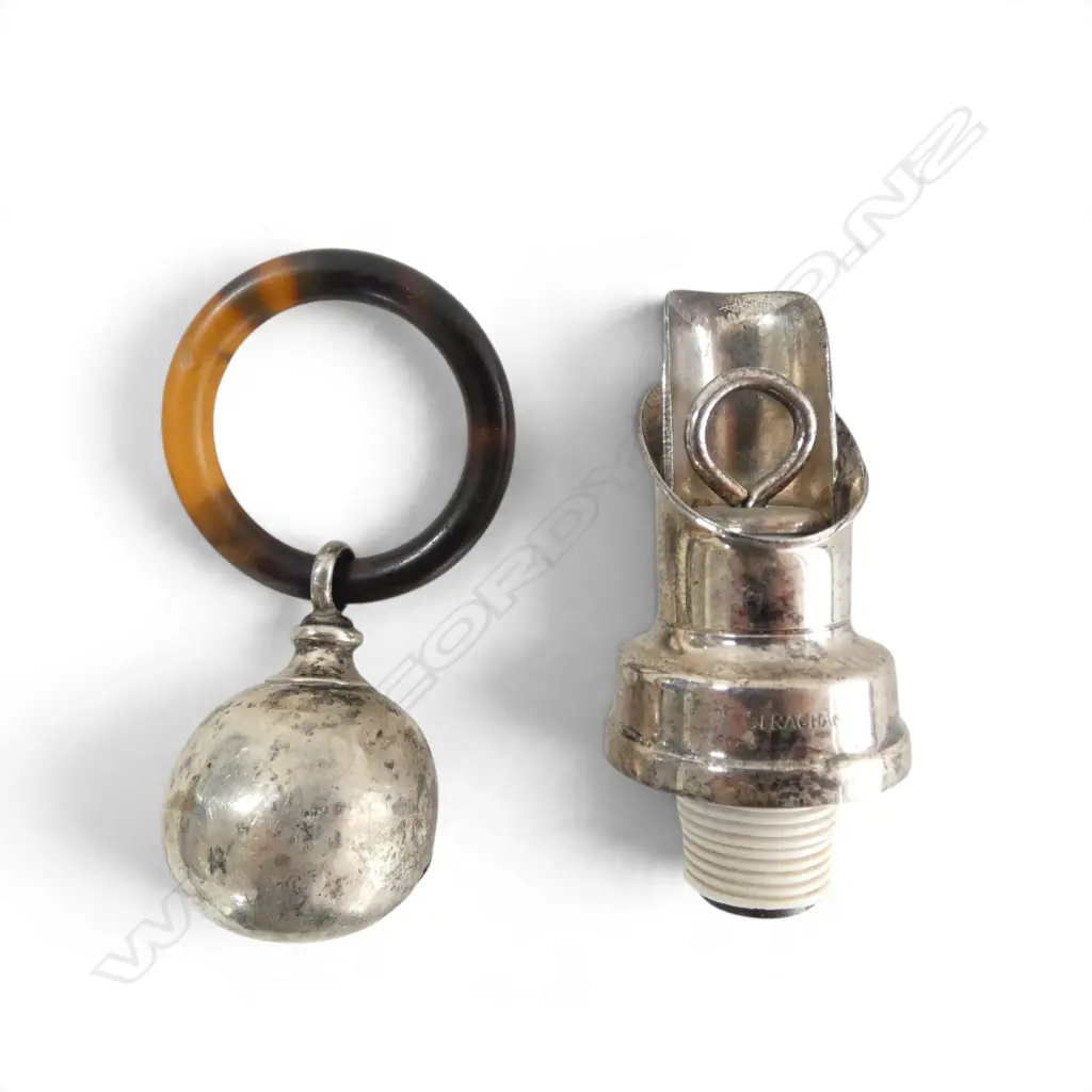 SILVER BABIES RATTLE with faux tortoiseshell ring + SILVER PLATE BOTTLE POURER / STOPPER Image 1++