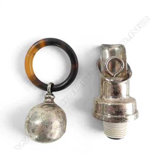 SILVER BABIES RATTLE with faux tortoiseshell ring + SILVER PLATE BOTTLE POURER / STOPPER