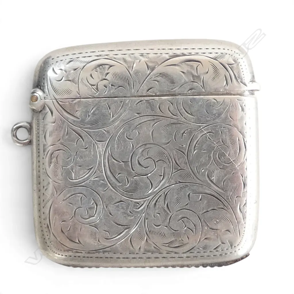 STG SILVER ENGRAVED VESTA CASE B'HAM 1913, INITIALS, 28gms, W.45mm, L.45mm Image 1++