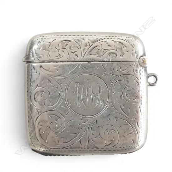 STG SILVER ENGRAVED VESTA CASE B'HAM 1913, INITIALS, 28gms, W.45mm, L.45mm