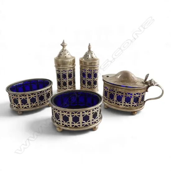 EARLY 20thC STG SILVER 5 CRUET SET, 150gms excluding blue glass liners