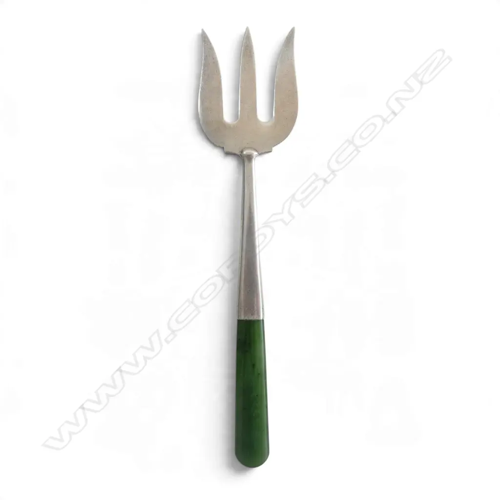 Birmingham 1926 SILVER & POUNAMU LGE BREAD FORK semi translucent pounamu. By James Swann & Son  L.180mm Image 1++