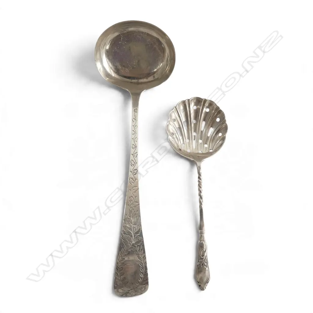 STG SILVER SAUCE LADLE EXETER 1875 & STG SILVER SUGAR SIFTER SPOON SHEFF. 1910, 38.7gms, L.140mm L.100mm Image 1++