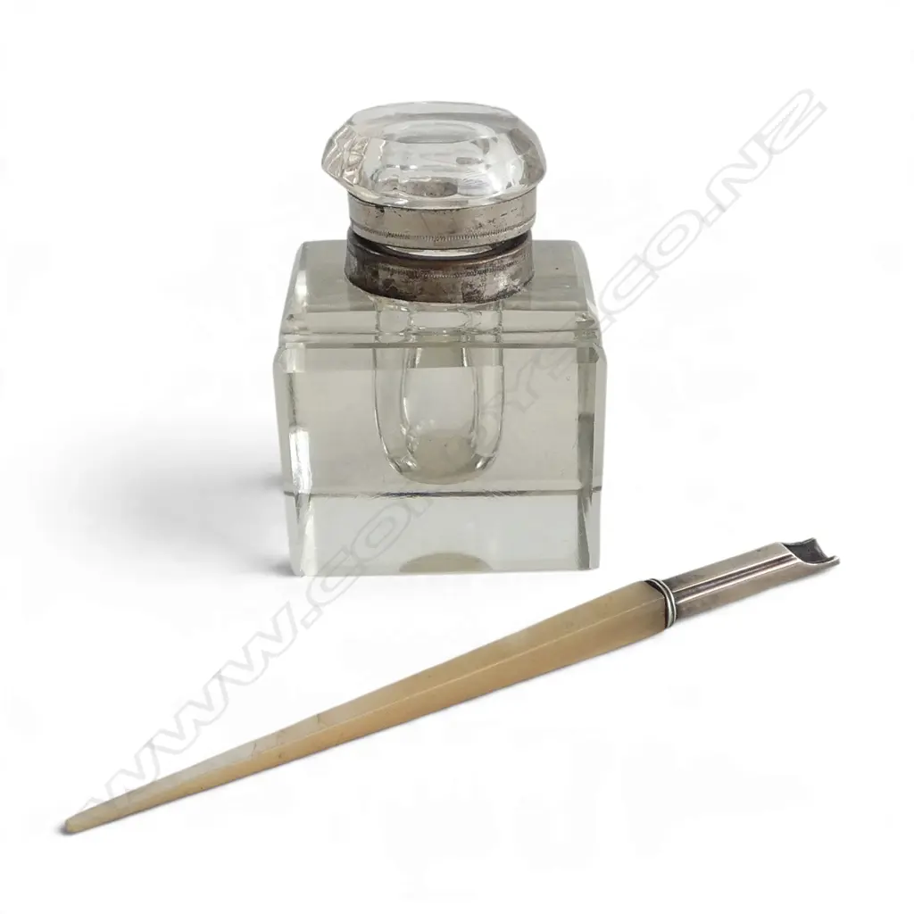 STG SILVER & MOTHER OF PEARL DIP PEN B'HAM 1911, & CUT GLASS INKWELL Image 1++