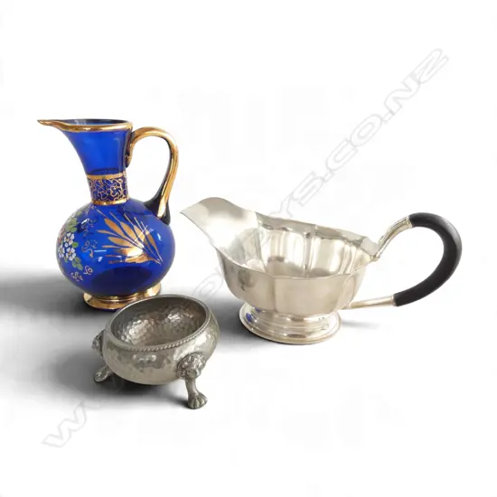 VENETIAN GLASS JUG/PEWTER SALT/SILVER PLATE SAUCE BOAT