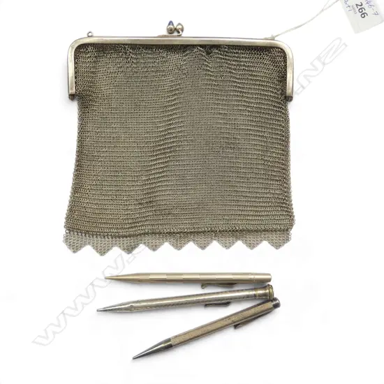 3 VINTAGE PROPELLING PENCILS + ALPACCA SILVER PLATE MESH PURSE