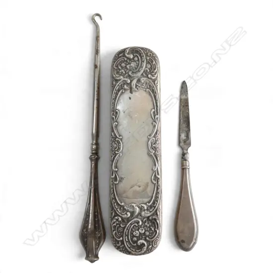 ANTIQUE STG SILVER CLOTHES BRUSH, BUTTON HOOK & NAIL FILE, BIRMINGHAM 1910 etc, L.145-220mm