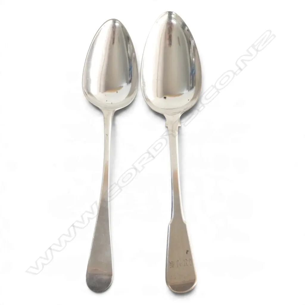 2 GEORGIAN STG SILVER TABLE SPOONS, LONDON 1808 & 1796, 133gms Image 1++