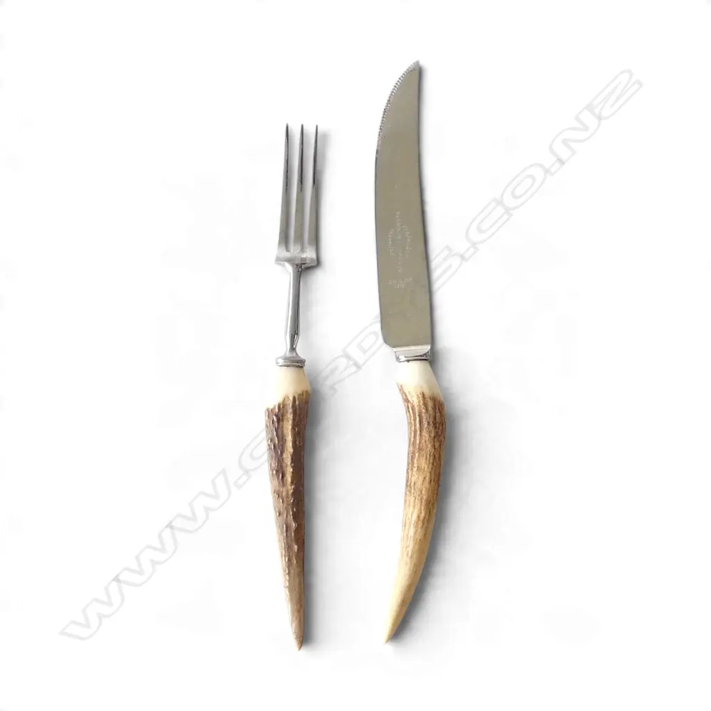 12 PCE HORN HANDLED STEAK KNIFE & FORK SET, BOXED Image 1++