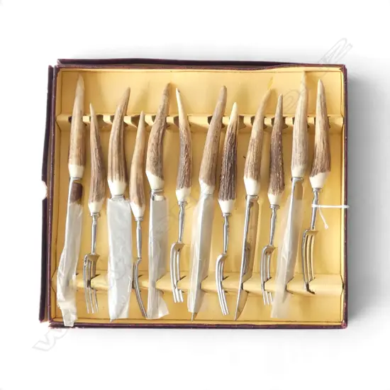 12 PCE HORN HANDLED STEAK KNIFE & FORK SET, BOXED