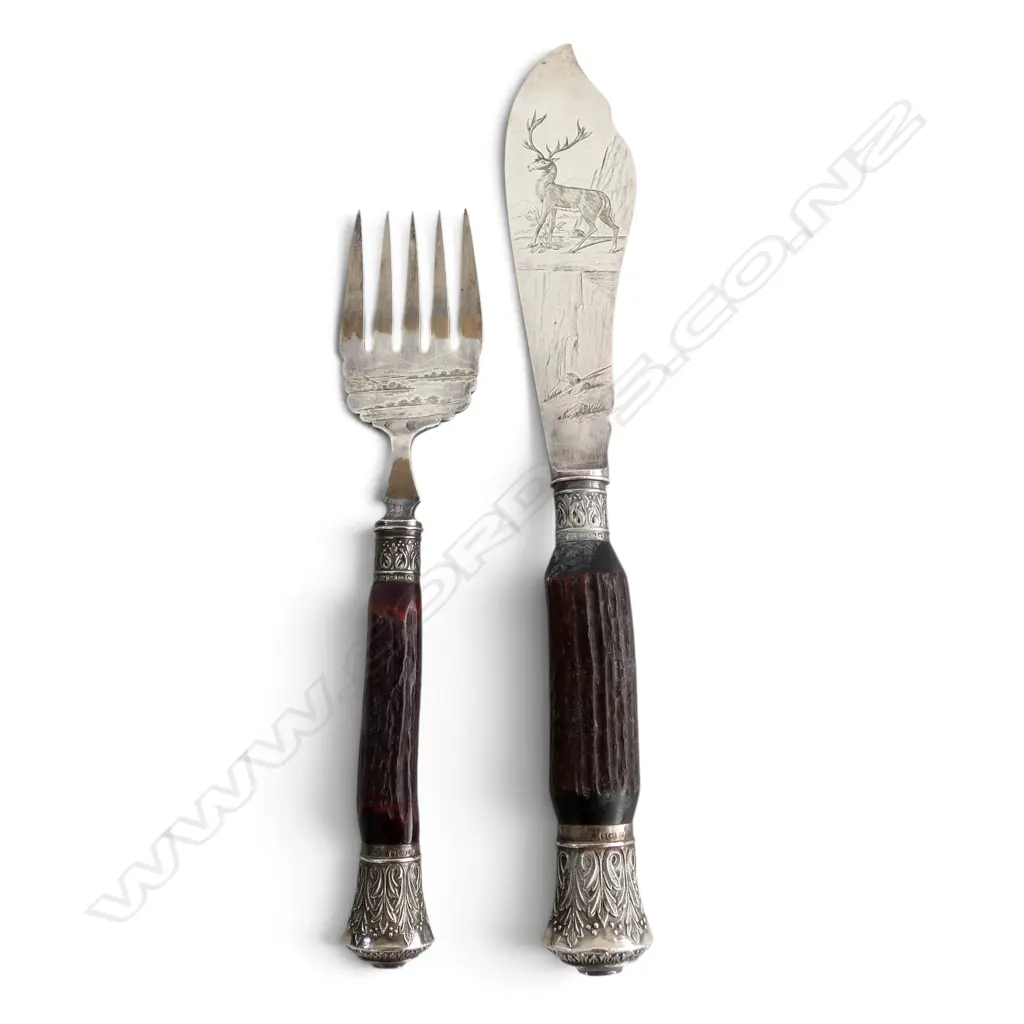 20thC SILVER PLATE FISH SET w. STG SILVER COLLAR & TERMINAL Image 1++