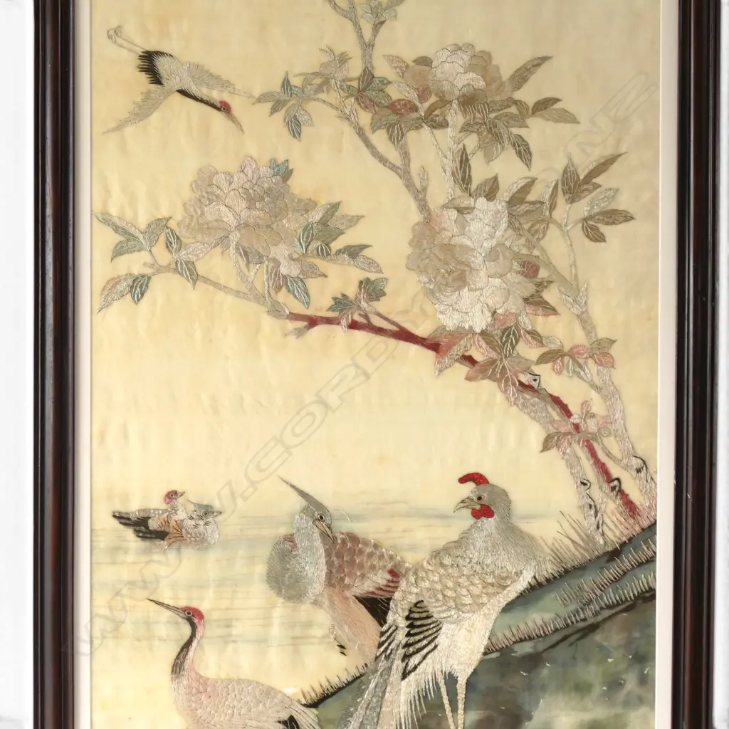 FRAMED SILK EMBROIDERY - BIRDS IN LANDSCAPE 1110 X 540MM (NOTE STAINS TO SILK) Image 1++