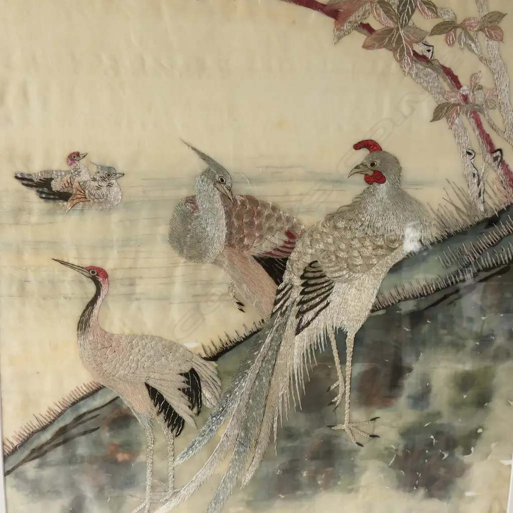FRAMED SILK EMBROIDERY - BIRDS IN LANDSCAPE 1110 X 540MM (NOTE STAINS TO SILK) Image 1++