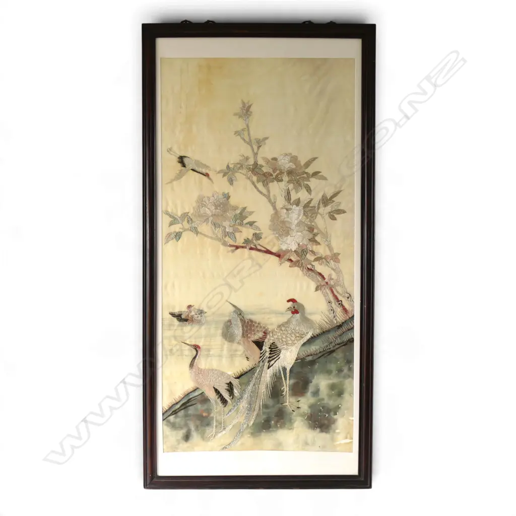 FRAMED SILK EMBROIDERY - BIRDS IN LANDSCAPE 1110 X 540MM (NOTE STAINS TO SILK) Image 1++