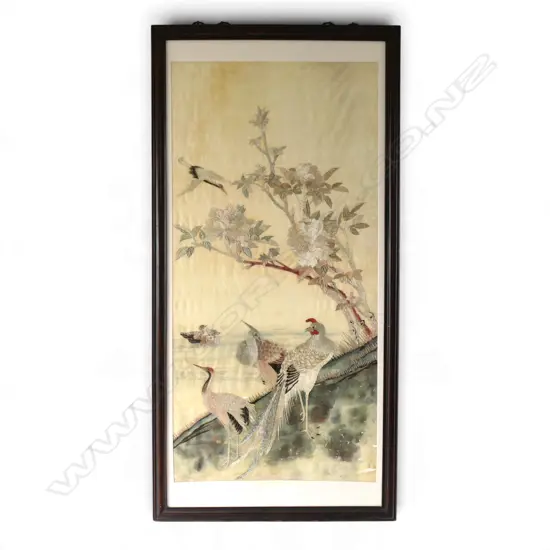 FRAMED SILK EMBROIDERY - BIRDS IN LANDSCAPE 1110 X 540MM (NOTE STAINS TO SILK)