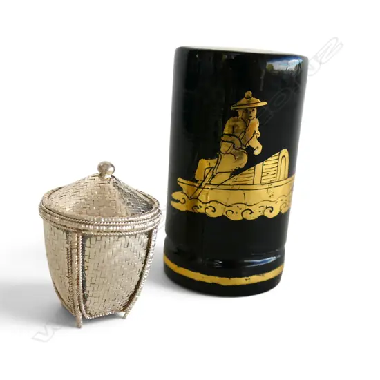 SMALL testing 91% SILVER WOVEN BASKET in lacker container H.95mm 37.45gms