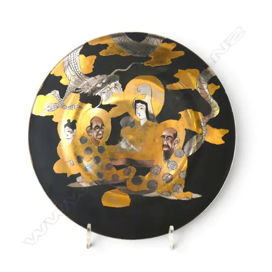 HAND PAINTED VINTAGE JAPANESE SATSUMA PORCELAIN PLATE, MONKS & DRAGON, DIA.190MM