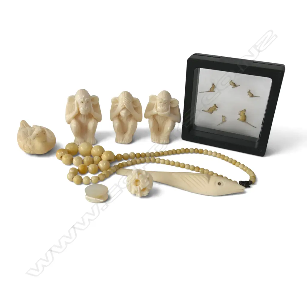 COLLECTION Of MOSTLY IVORY CARVINGS Incl. 3 CARVED MONKEYS, NECKLACE etc Image 1++