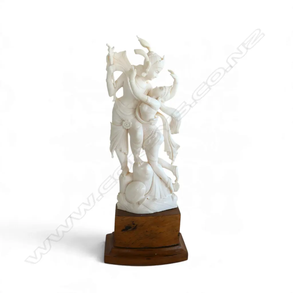 FINE VINTAGE INDIAN CARVED IVORY GROUP OF KRISHNA & RAHDA in an embrace. On wood stand. H.220mm. Image 1++