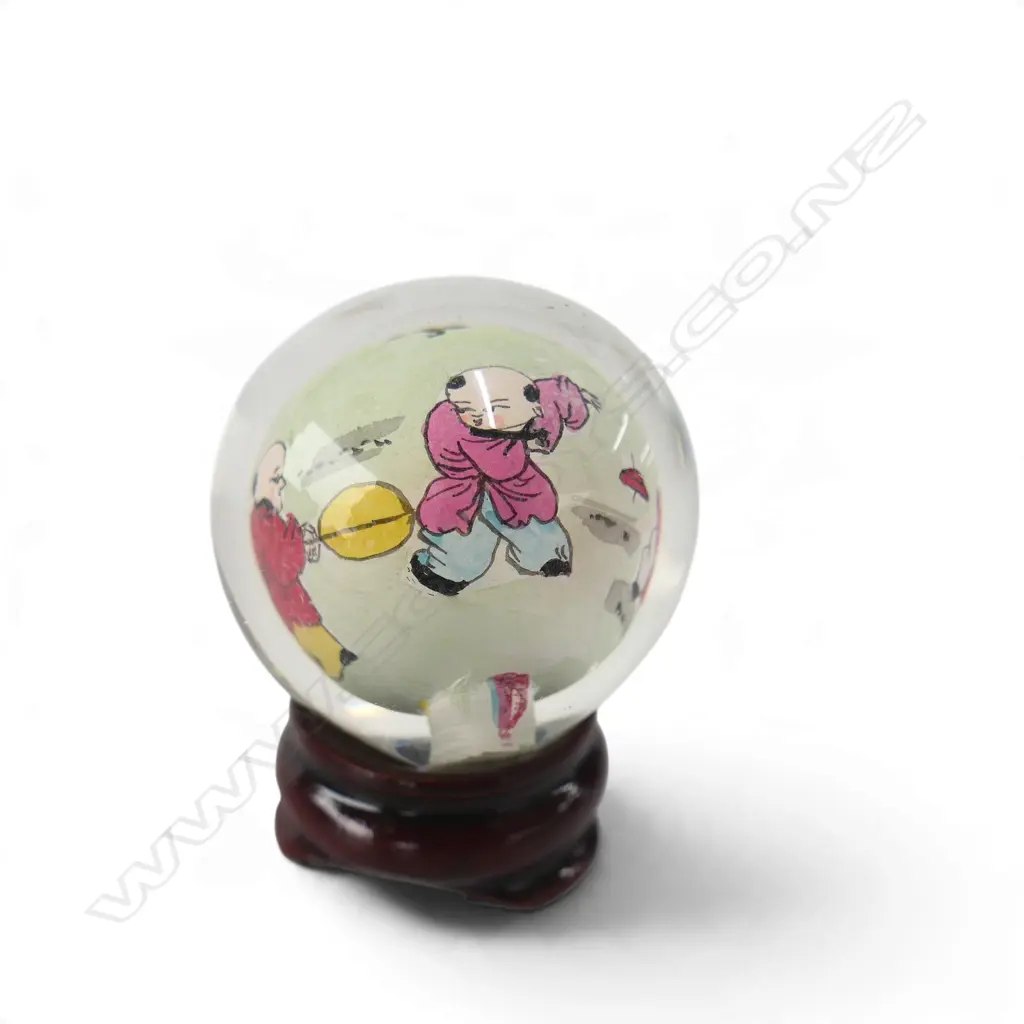 CHINESE PORCELAIN BOWL, CERAMIC PEANUT SHELL w 2 peanuts inside & SML GLASS BALL on stand Image 1++