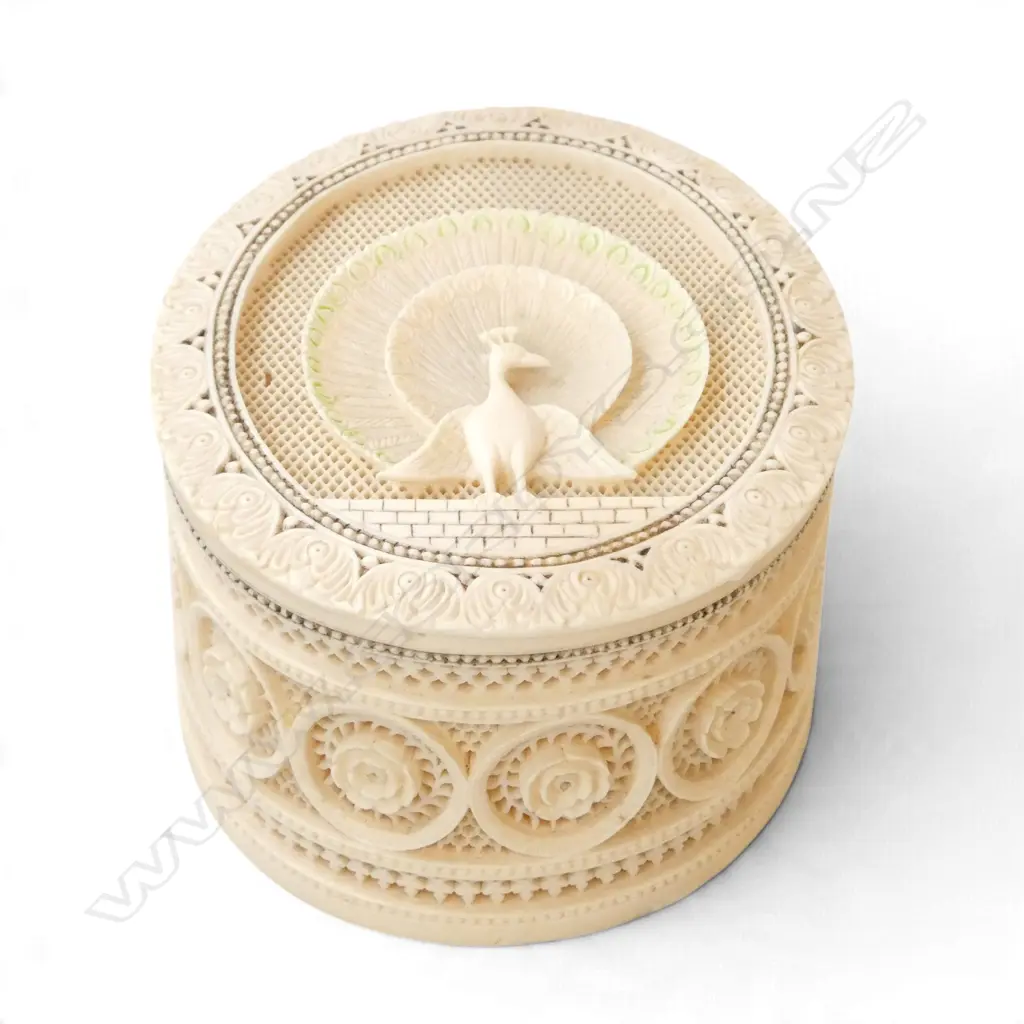 EARLY MID 20thC Indian FINELY CARVED IVORY BOX. Intricate pierced & carved detail peacock etc. 115 x 130 x 770mm.   Image 1++