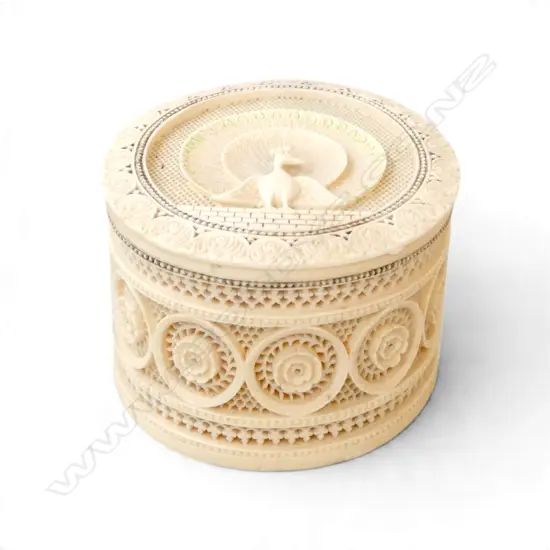 EARLY MID 20thC Indian FINELY CARVED IVORY BOX. Intricate pierced & carved detail peacock etc. 115 x 130 x 770mm.  