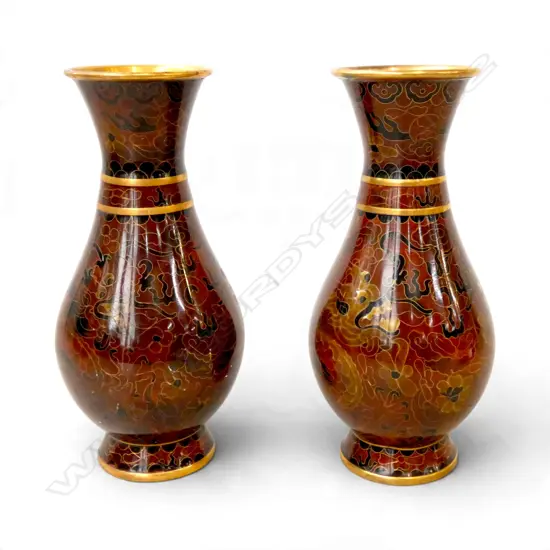 CHINESE CLOISONNE ENAMEL AND BRASS VASES FEATURING A DETAILED DRAGON