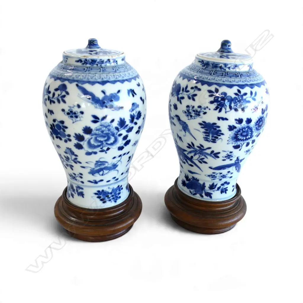 PR CHINESE B/W LIDDED VASES kangxi reign mark, turned wood stands, faults H.250mm Image 1++