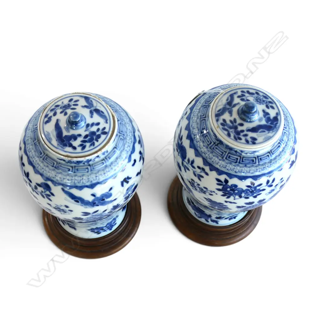 PR CHINESE B/W LIDDED VASES kangxi reign mark, turned wood stands, faults H.250mm Image 1++